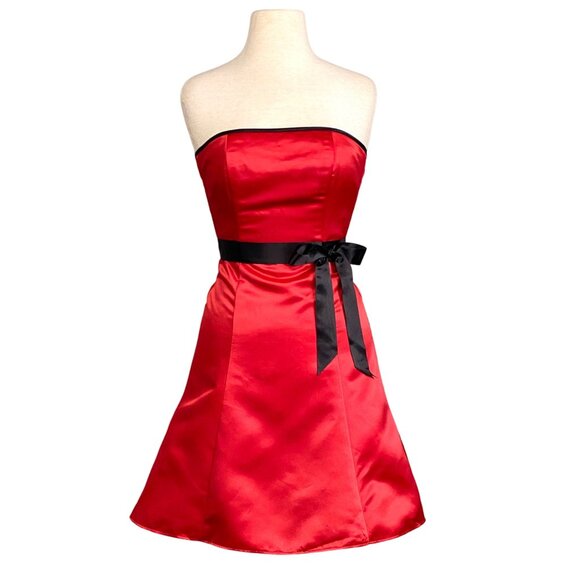 Jessica McClintock Gunne Sax Red Satin Strapless Black Bow Vintage Dress Sz 1/2 - Picture 1 of 11